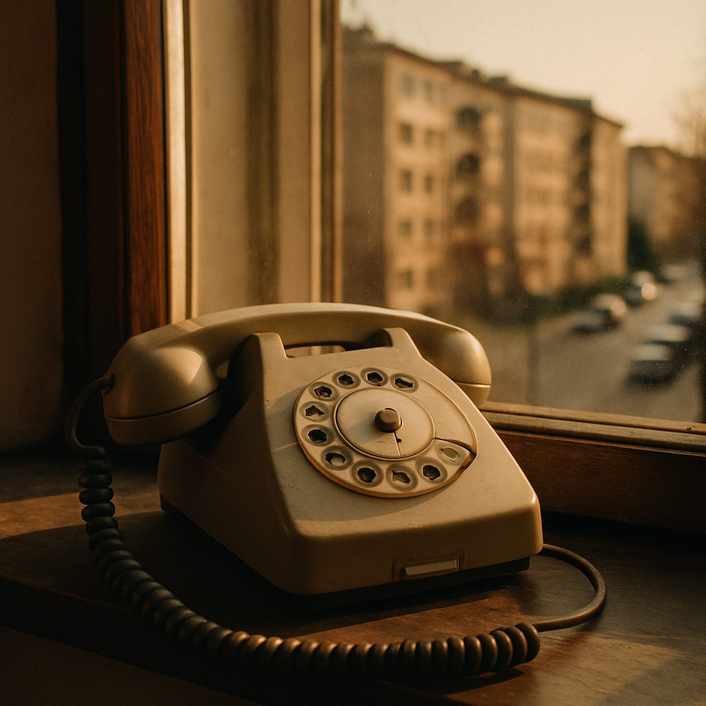 Telefon na parapecie okna z widokiem na ulicę osiedlową Księże Wielkie