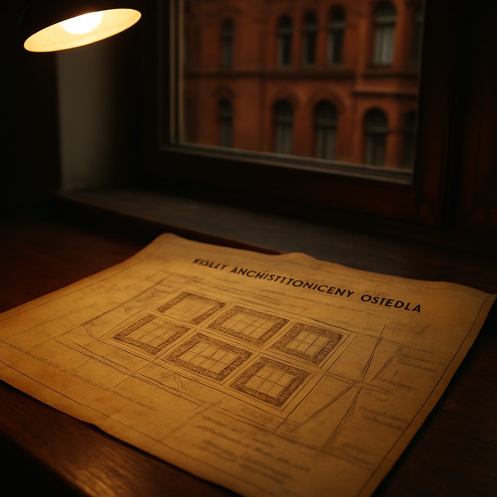 Historyczny plan architektoniczny osiedla Księże Wielkie na biurku
