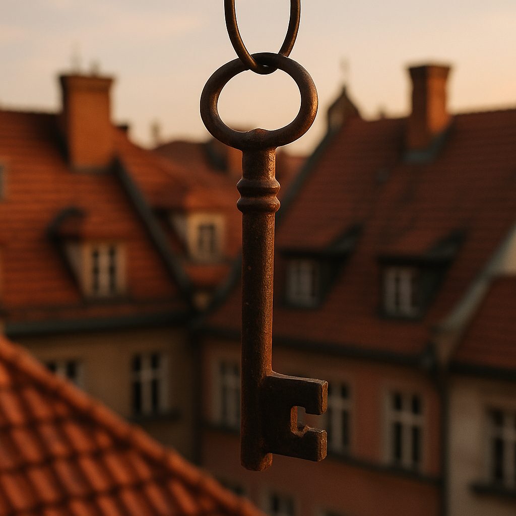 Stary klucz na tle dachów kamienic – symbol przekazania zarządu wspólnotą