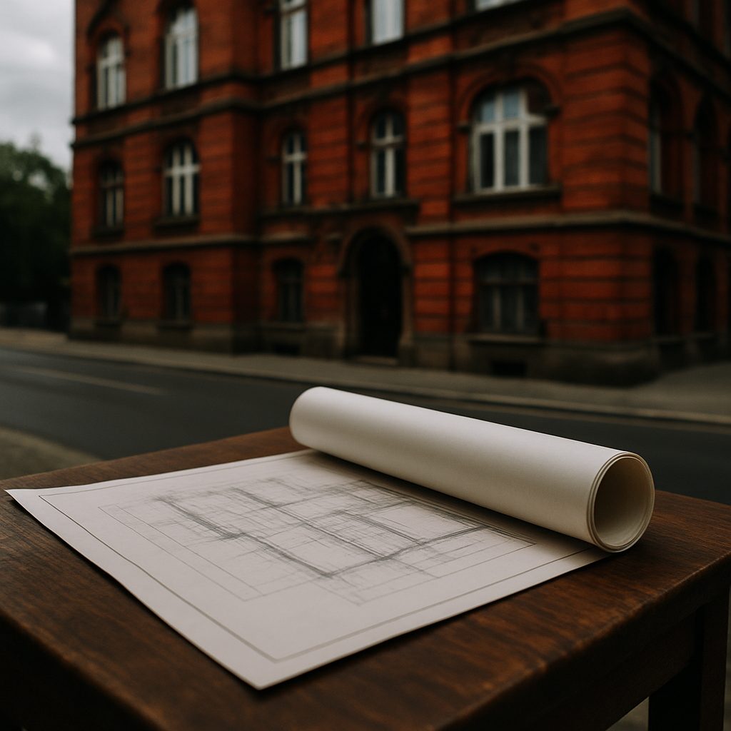 Plan architektoniczny budynku rozłożony na stole – czynniki wpływające na koszt zarządcy sądowego