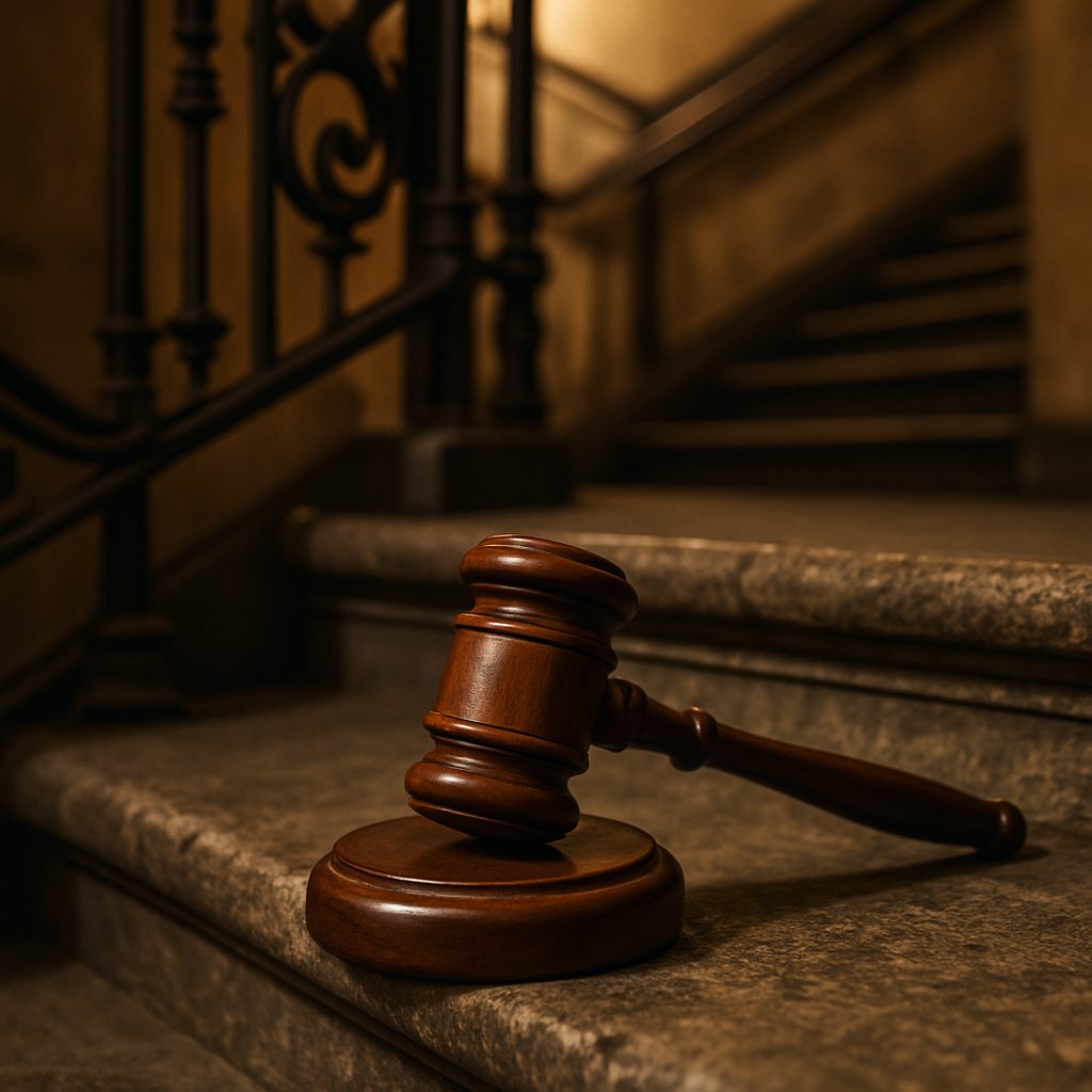 Młotek sędziowski na schodach kamienicy – podstawa prawna ustanowienia zarządcy przymusowego