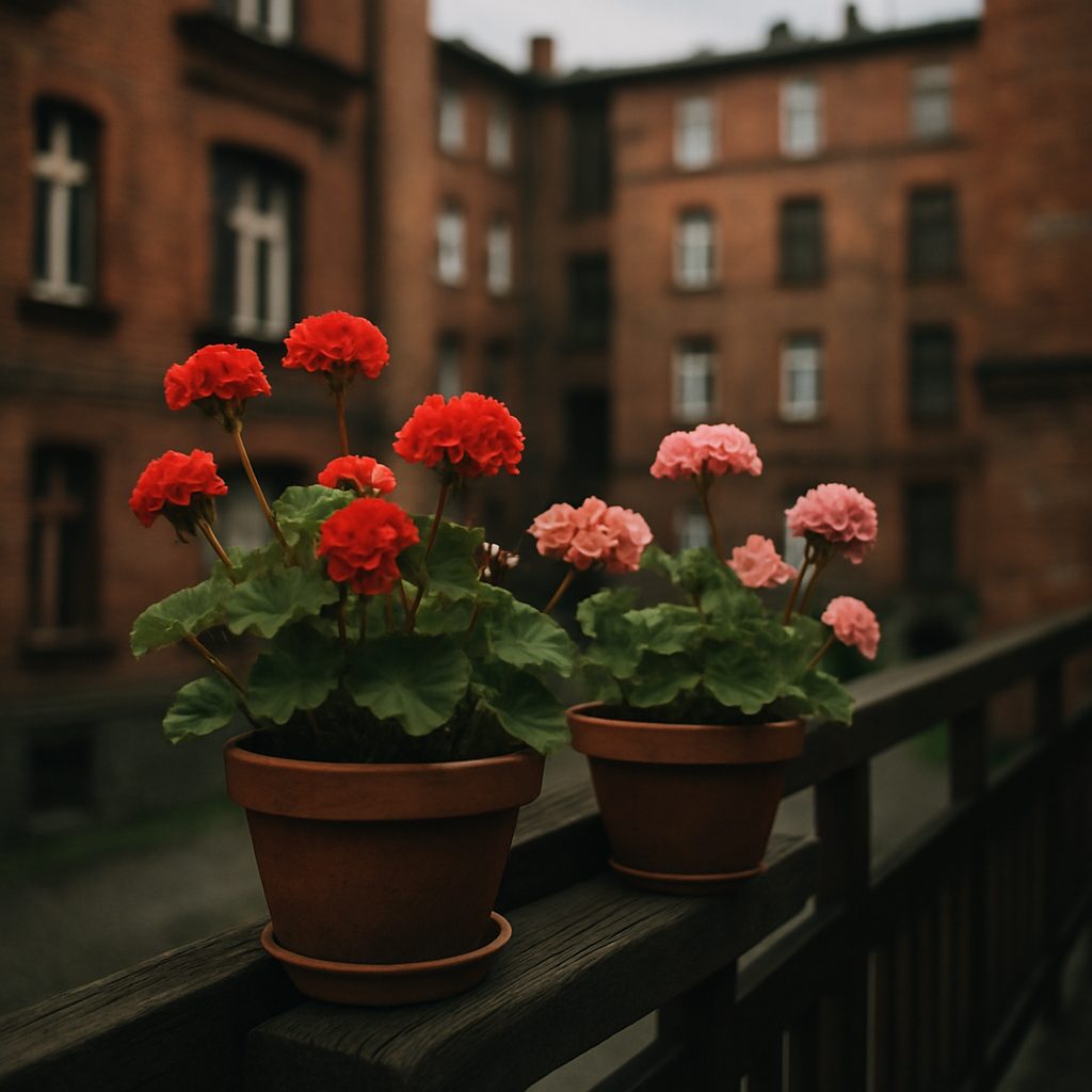 Kwitnące pelargonie na balkonie kamienicy w dzielnicy Brochów
