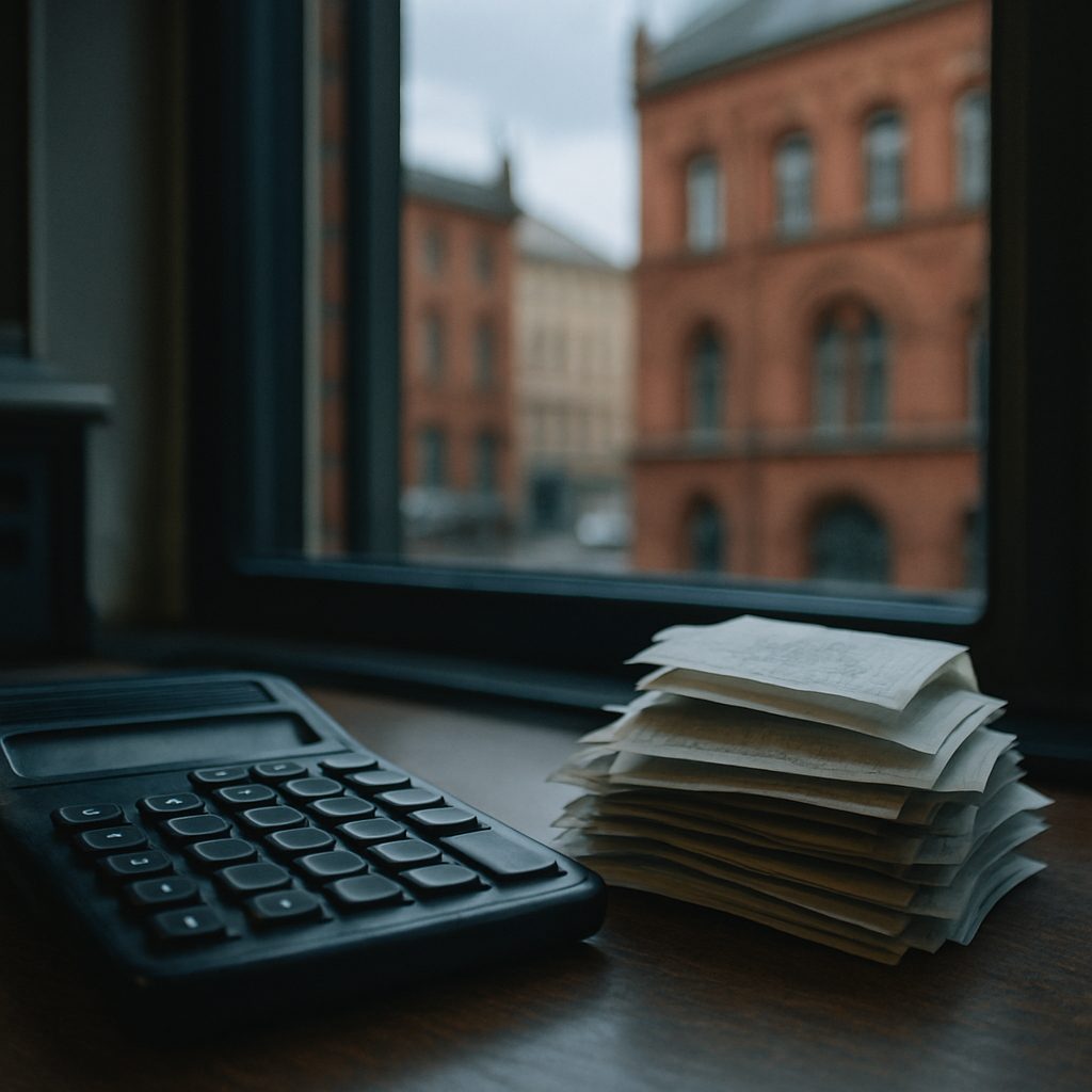Kalkulator i rachunki na biurku podczas rozliczenia finansowego wspólnoty mieszkaniowej