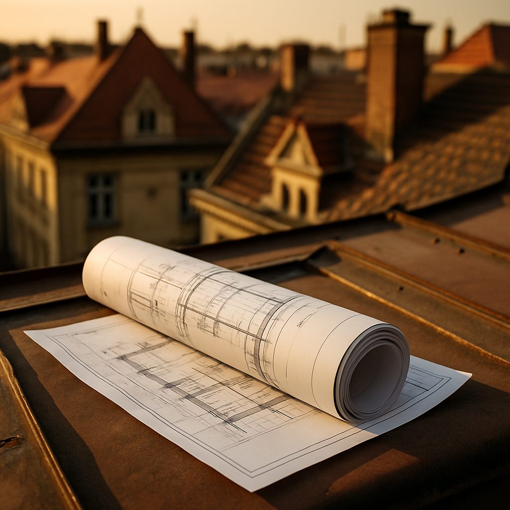 Plan architektoniczny na dachu kamienicy w trakcie planowania remontu