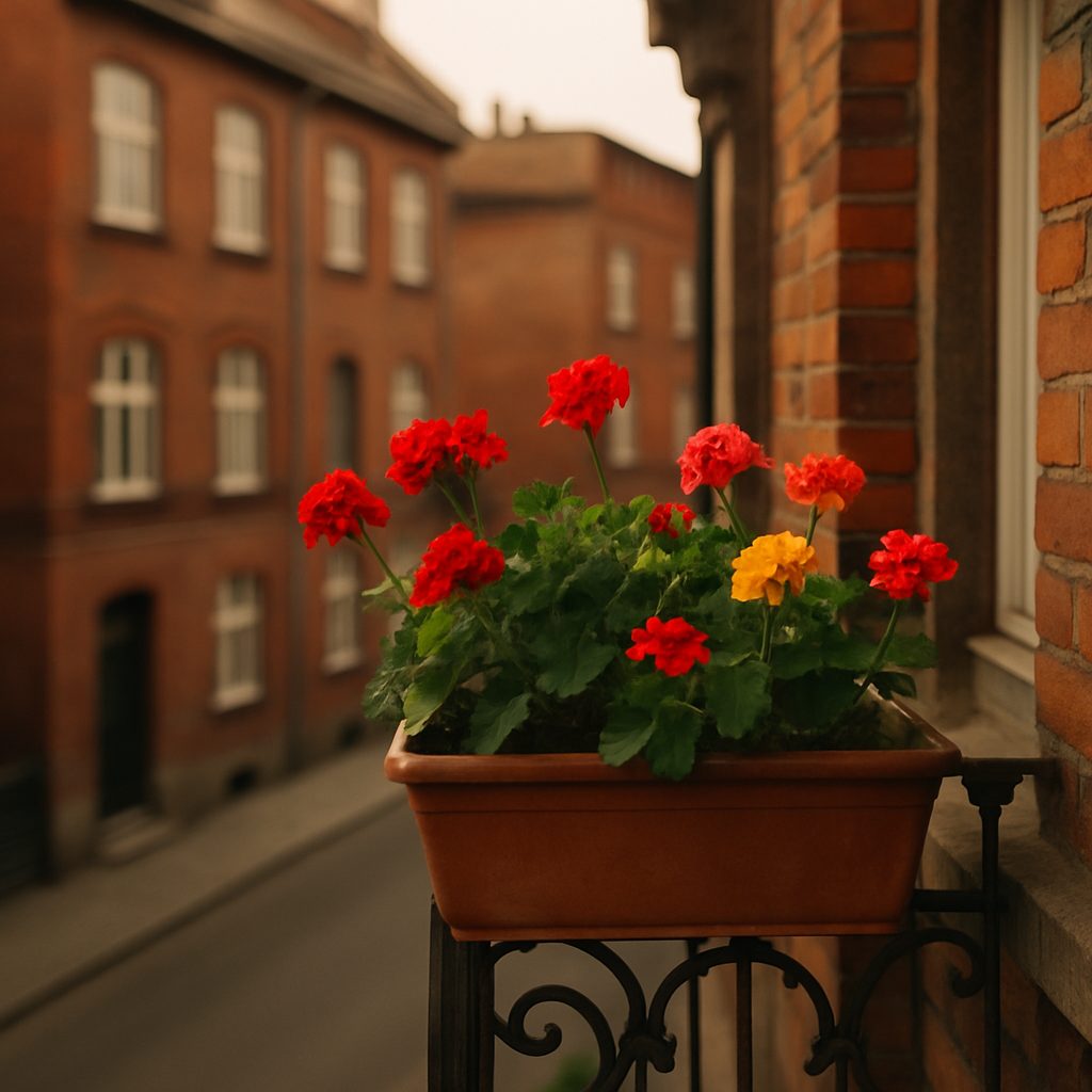 Balkon z donicą kwiatów na ulicy w dzielnicy Księże Małe we Wrocławiu
