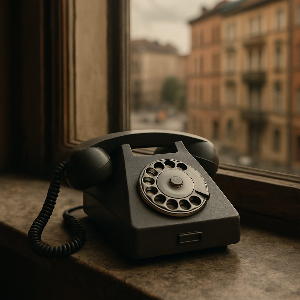 Telefon stacjonarny na parapecie okna w kamienicy na Brochowie