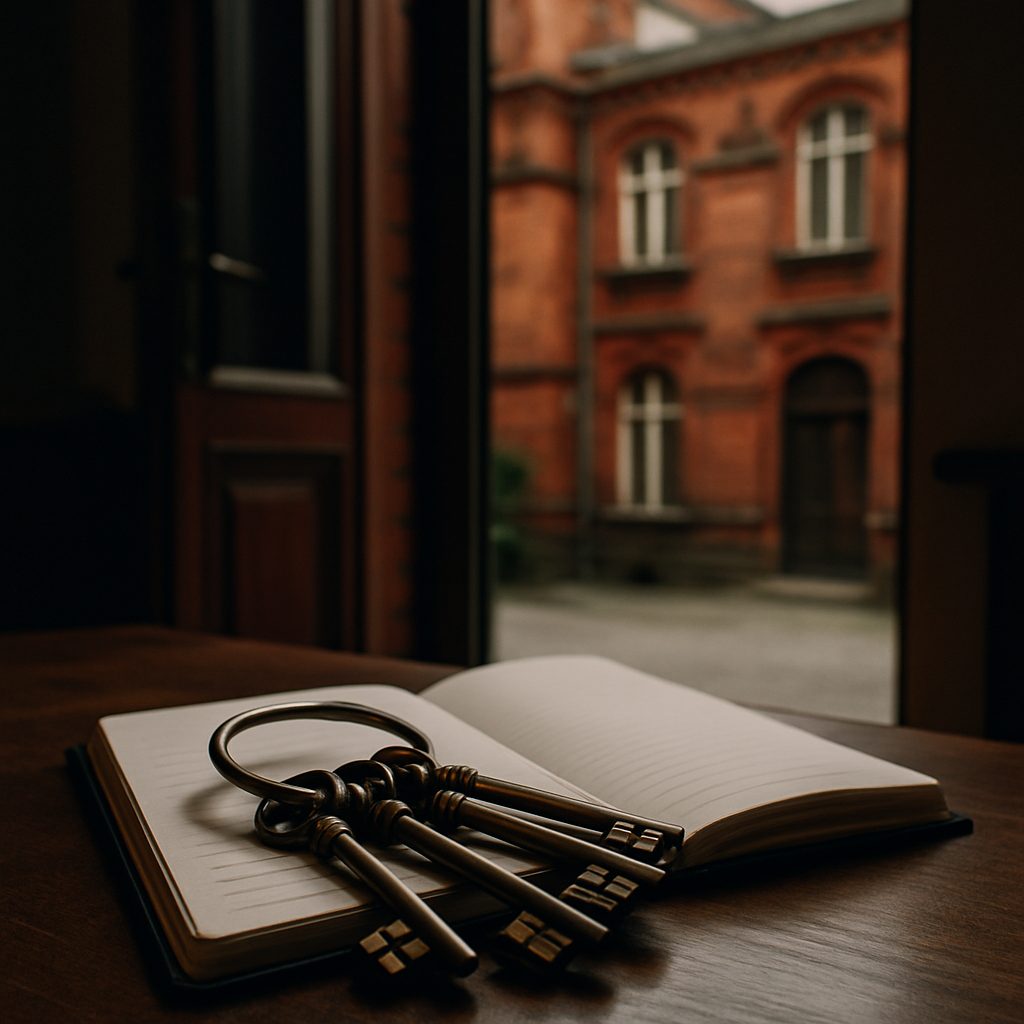Zarządzanie nieruchomościami Wrocław – klucze i notatnik na biurku zarządcy na tle podwórka kamienicy