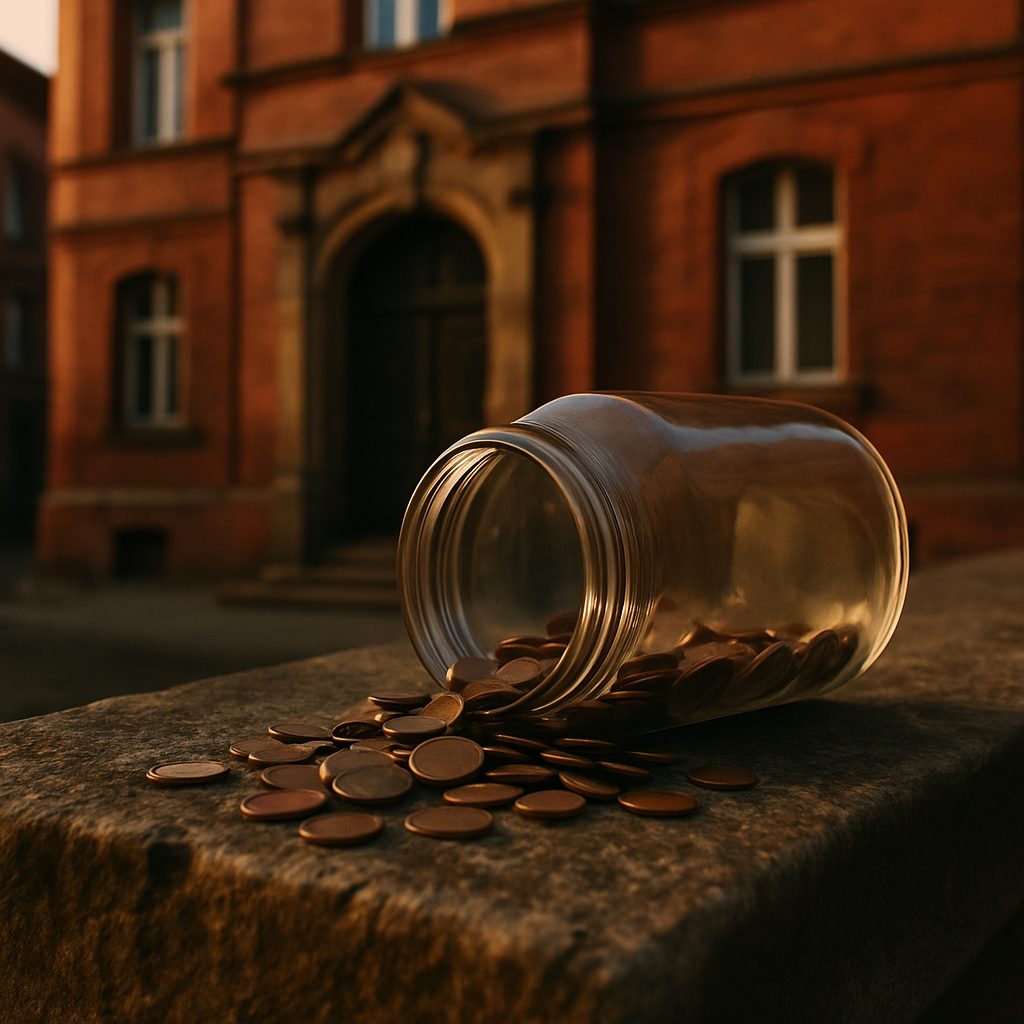Przewrócona skarbonka z monetami – rosnące zaległości czynszowe wspólnoty